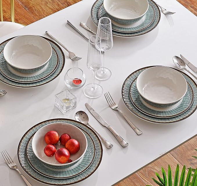 Melamine Dinnerware Sets,12pcs Plates and Bowls Sets, Melamine Dishes Set for 4, Unbreakable,Dishwasher Safe, BPA Free,Great for Indoor Use,Camping, BBQ,RV, Party,Rustic Style (Teal)