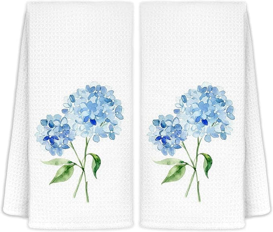 Blue Hydrangea Floral Hand Towels for Bathroom Spa Gym, Rustic Blue Floral Kitchen Towels, Aesthetic Hydrangea Flower Botanical Dish Tea Towels for Kitchen Decor, 16x24 Inch Set of 2