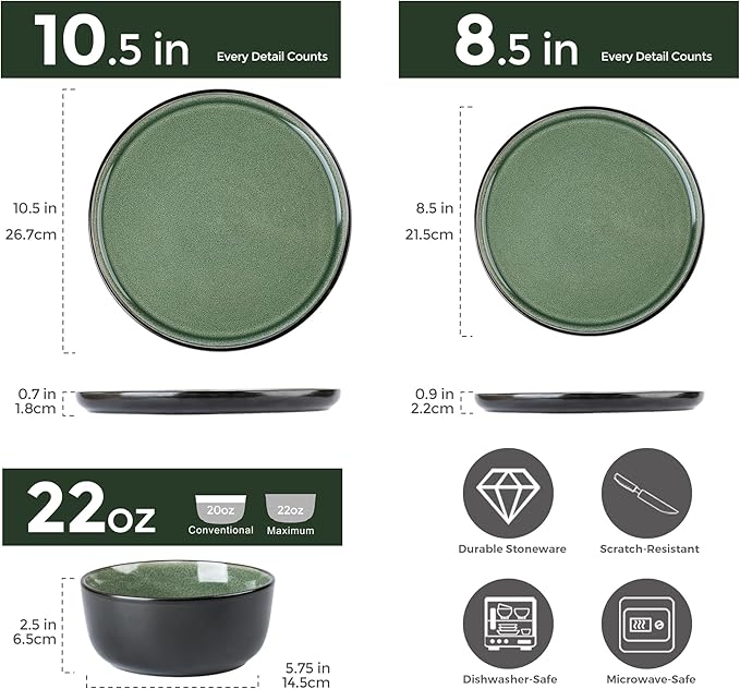 AmorArc Stoneware Dinnerware Sets,Round Reactive Glaze Plates and Bowls Set,Highly Chip and Crack Resistant | Dishwasher & Microwave Safe Dishes Set,Service for 4 (12pc)