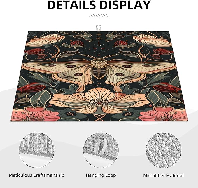 Vintage Butterfly Dish Drying Mat for Kitchen Counter Microfiber Super Absorbent Non-Slip Dish Drying Pad for Countertops Dishes Utensils Stylish Quick-Dry Machine Washable 18x24 Inch
