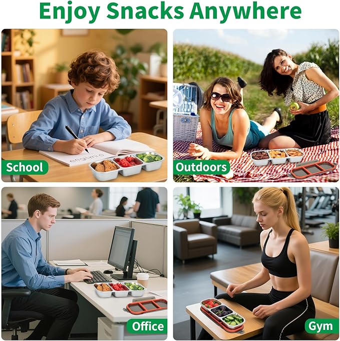 Stainless Steel Snack Containers, 3-Compartment Metal Snackle Box for Kids & Adults, Grey Reusable Condiment Box with Lids, Divided Food Storage Container for School, Work, Home & Travel