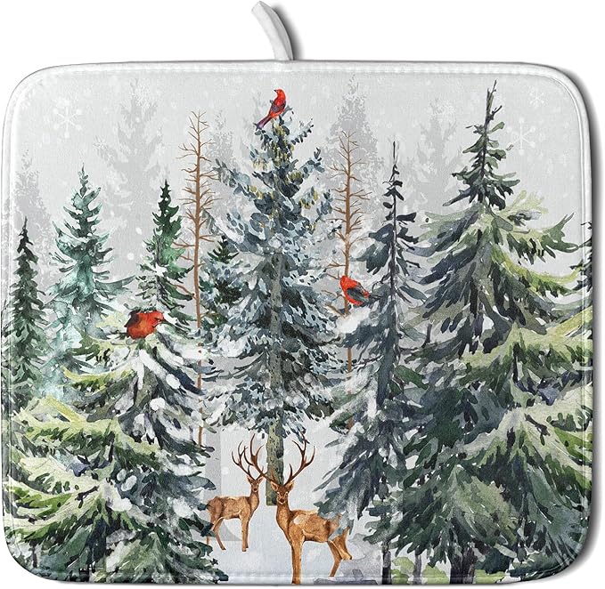 Pine Tree Dish Drying Mat for Kitchen Counter 16x18 Inch Forest Deer Absorbent Dishes Drainer Mats Reversible Microfiber Quick Dry Rack Pad