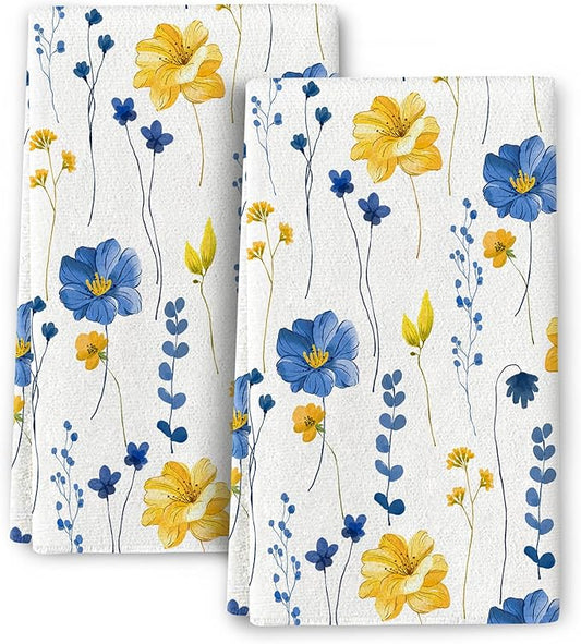 Blue Yellow Flower Kitchen Dish Towels Set of 2, Soft Absorbent Watercolor Floral Hand Towels Tea Towels for Kitchen Spring Summer Home Decor,Housewarming Gifts for New Home Women, 16x24 inch