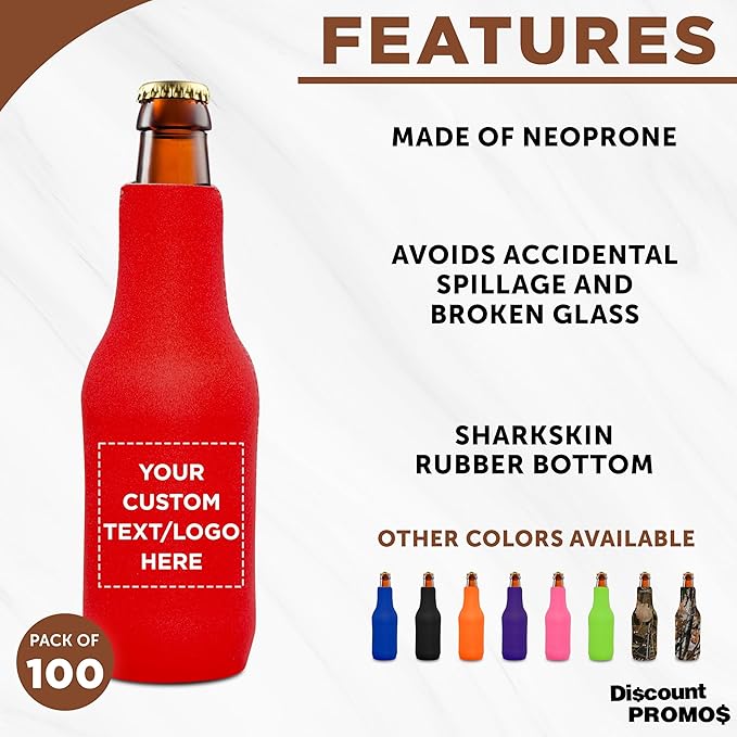 100 Neoprene Zippered Beer Bottle Coolies Pack - Customizable Text, Logo - Sharkskin Rubber Bottom - Red