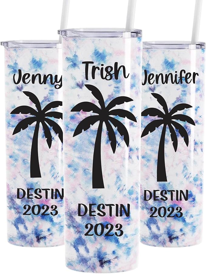 AVITO Personalized Palm Tree Tumbler - 20 oz Tie Dye Blue Tumbler - Includes Straw and Lid with Straw Opening - Vacuum Insulated - Stainless Steel