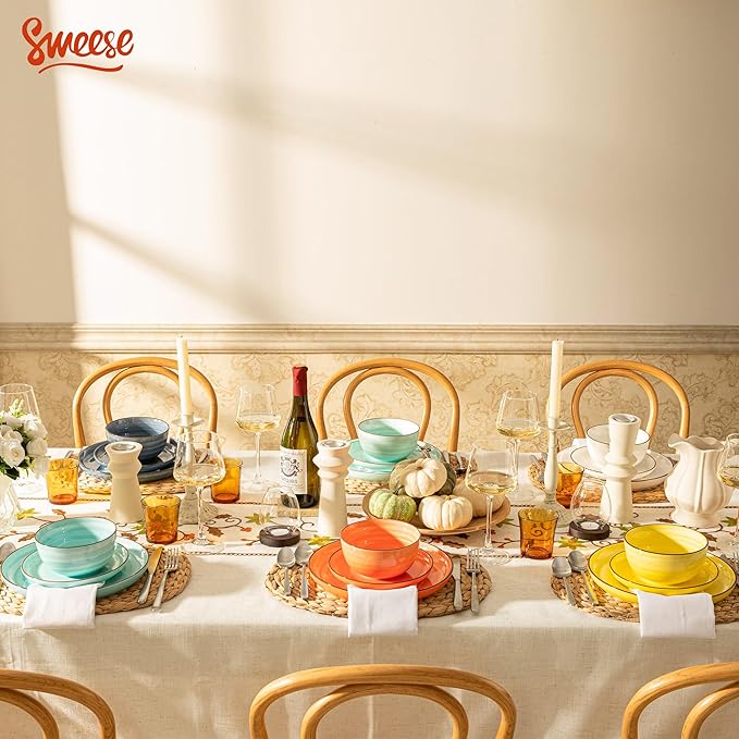 Sweese Plates and Bowls Sets, 18 Piece Dinnerware Set Porcelain Round Dinner Set for 6, Scratch Resistant Dishes Set, Dishwasher Oven Microwave Safe Handpainted Swirl Dishware Sets, Assorted Colors