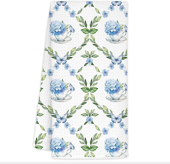 Blue Hydrangea Chinoiserie Floral Butterfly Tea Hand Dish Towels for Kitchen Bathroom, Chinoiserie Hydrangea Decor, Blue Hydrangeas Gifts, Coffee Towels for Coffee Bar Kitchen Bathroom, 16x24