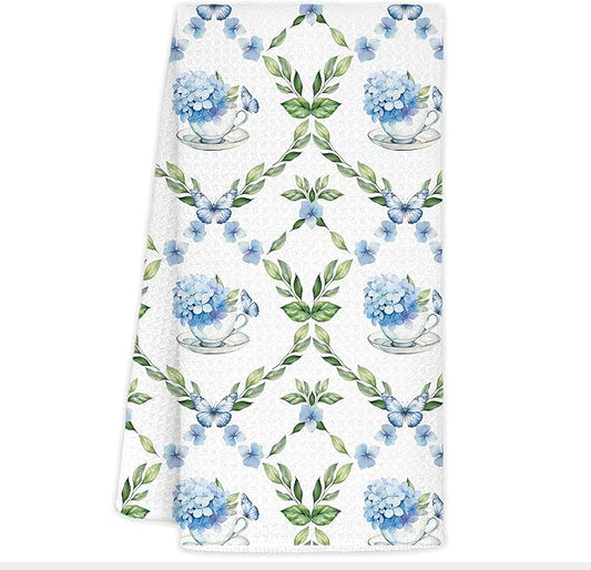 Blue Hydrangea Chinoiserie Floral Butterfly Tea Hand Dish Towels for Kitchen Bathroom, Chinoiserie Hydrangea Decor, Blue Hydrangeas Gifts, Coffee Towels for Coffee Bar Kitchen Bathroom, 16x24
