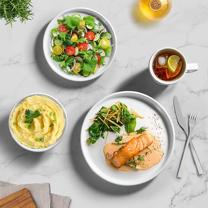 Zulay Kitchen Terra Stoneware Dinnerware Set, Artisanal Ceramic Plates and Bowls Set Crafted at 2300℉ - Service for 4, Frost White