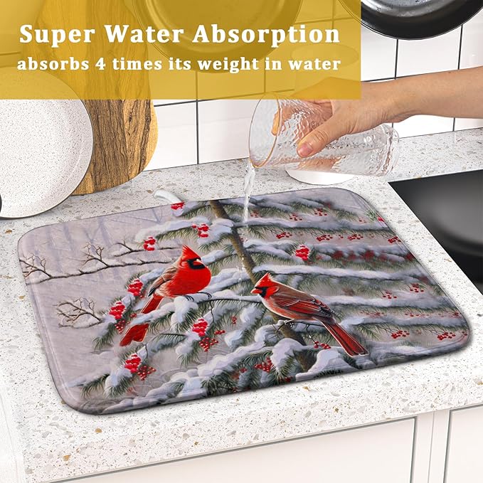 Red Birds Dish Drying Mat Winter Berry Dish Drainer Mats Absorbent Reversible Microfiber Kitchen Countertop Protector Dishes Pad 16x18 inch
