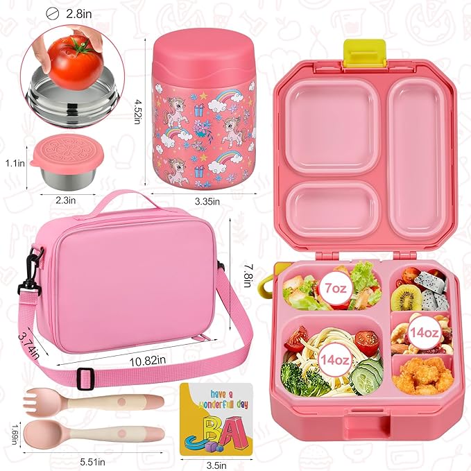 Bento Lunch Box for Kids with 12oz Soup Thermo Leak-Proof Lunch Food Container with 5 Compartment Thermo Hot Food Jar and Insulated Lunch Bag for Kid Toddler Girls Boys to School