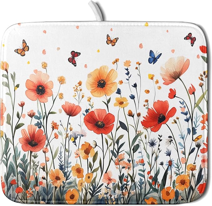 Poppy Flower Dish Drying Mat 16x18 Inch Floral Leaves Dish Drainer Protector Pad Washable Reversible Drying Pad for Kitchen Counter Sink