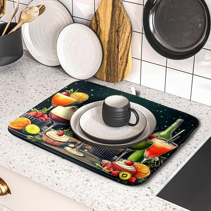 Wine Glass Dish Drying Mat - Summer Party Absorbent Microfiber Kitchen Drying Pad 16 X 18 Inch