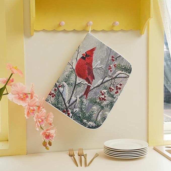 Christmas Dish Drying Mats 18x24 Inch Snow Red Bird Drying Mats Xmas Farmhouse Winter Holiday Kitchen Decor Absorbent Drying Pad Rack Drainer Mats for Kitchen Dining Room Counter