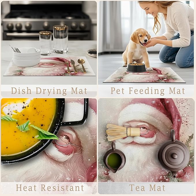 Pink Christmas Santa Dish Drying Mat, Winter Xmas Santa Absorbent Dish Drainer Reusable Washable Drying Mat Pad for Kitchen Counter, Pink Christmas Kitchen Decor, 12×15 Inch