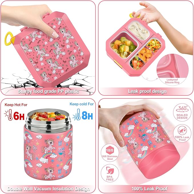 Bento Lunch Box for Kids with 12oz Soup Thermo Leak-Proof Lunch Food Container with 5 Compartment Thermo Hot Food Jar and Insulated Lunch Bag for Kid Toddler Girls Boys to School
