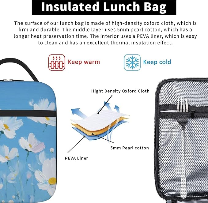 SUPLUCHOM Lunch Bag Flower Painting Blue Insulated Bento Box Cooler with Side Pocket for Girl Boy Women Men Work School Picnic Hiking Daytrip