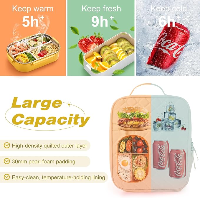 Aileam Lunch Box Lunch Bag for Women Cute Girls Lunch Box Insulated Womens Lunch Bag For Work Quilted Large Capacity Reusable Insulated Cooler for Work School Picnic Travel, Cream White