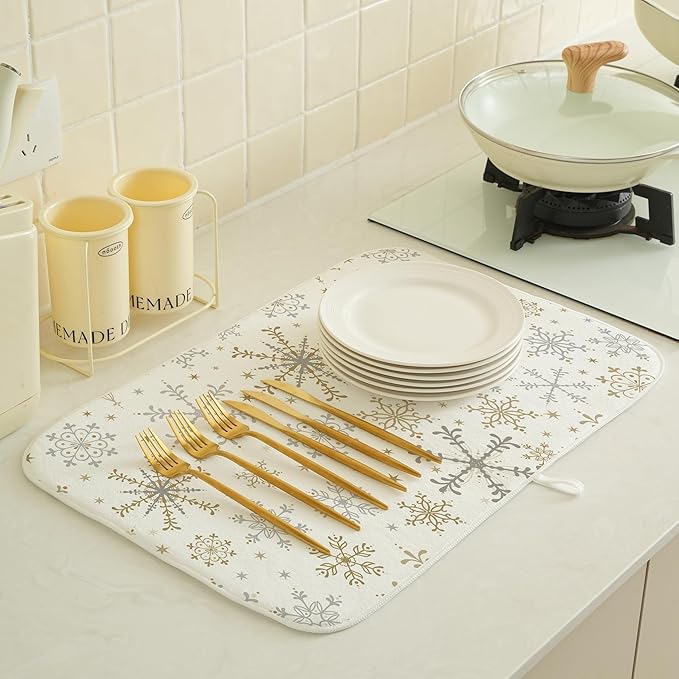 Christmas Drying Mat 18x24 Inches For Kitchen Counter Winter Gold Gray Snowflake Home Decoration Drying Mat Decorative Pad for Kitchen Dining Room Christmas Decoration,Office Decor