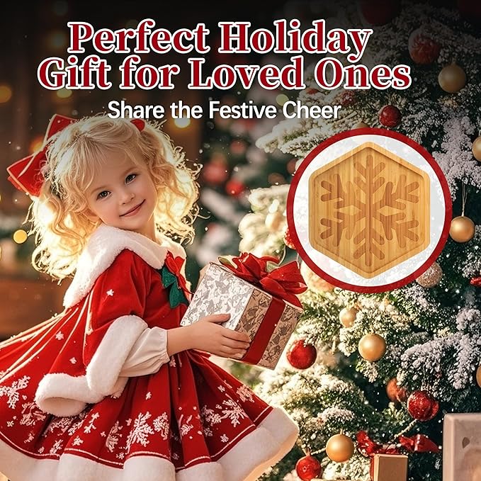 TJ POP Christmas Bamboo Serving Tray – Snowflake Shape – Decorative Sercing Platter for Holiday Snacks & Sweets – Winter Table & Kitchen Decor