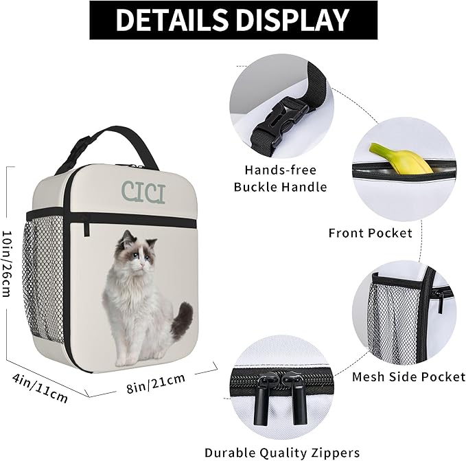 Personalized Pet Photo Lunch Bag, Custom Pet Lunchbag, Customizable Dog & Cat Portrait Insulated Neoprene Lunch Tote with Zipper and String Bag, Cute Funny Reusable Lunch Box Containe for Pet Lovers