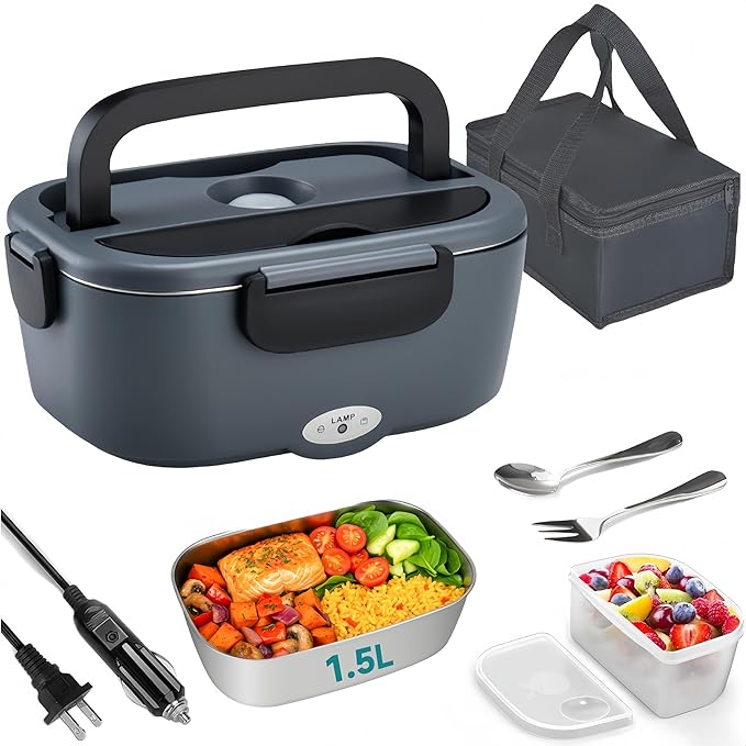 80W Electric Lunch Box for Car & Truck,12V/24V/110V Green Portable Warmer with 304 Stainless Steel Container,Ideal for Drivers & Office