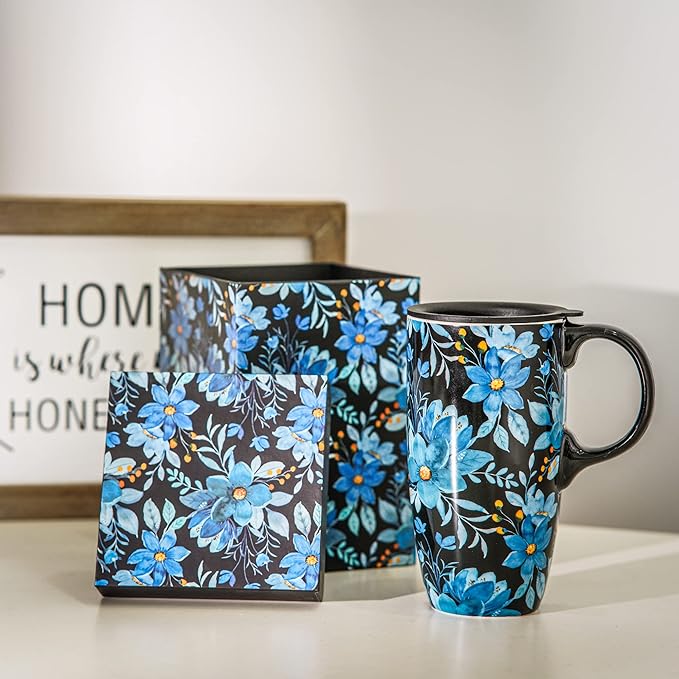 Topadorn Ceramic Mug Blue Flower Porcelain Coffee Mug with Gift Box,17oz. Blue Flower