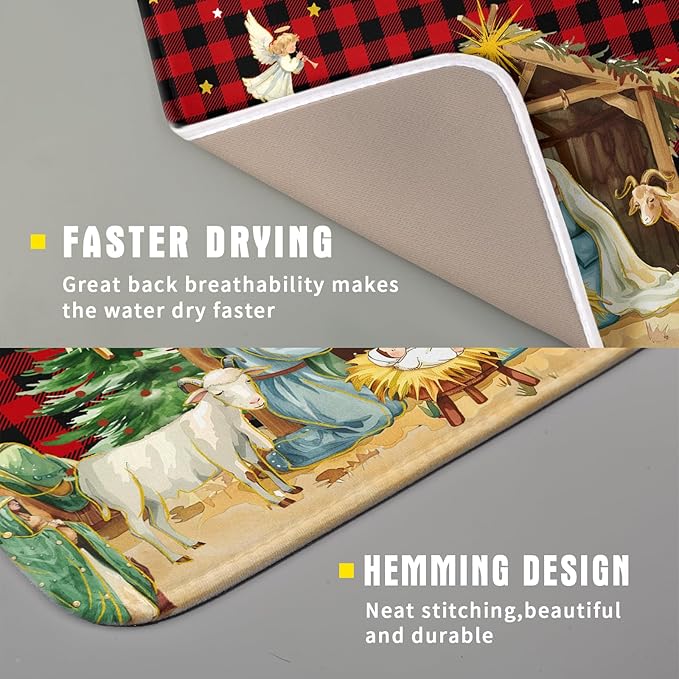 Christmas Dish Drying Mats for Kitchen Counter Xmas Nativity Scene Red Black Buffalo Plaid Absorbent Microfiber Dishes Mat Drying Pad with Loop for Home Countertops,16 x 18 Inches