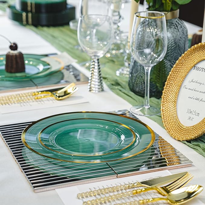120PCS Green Plastic Plates with Gold Rim, Heavy Duty Disposable Plate, Fancy and Elegant Circular Ribbed 60 Dinner and Dessert Plates for Party, Weddings