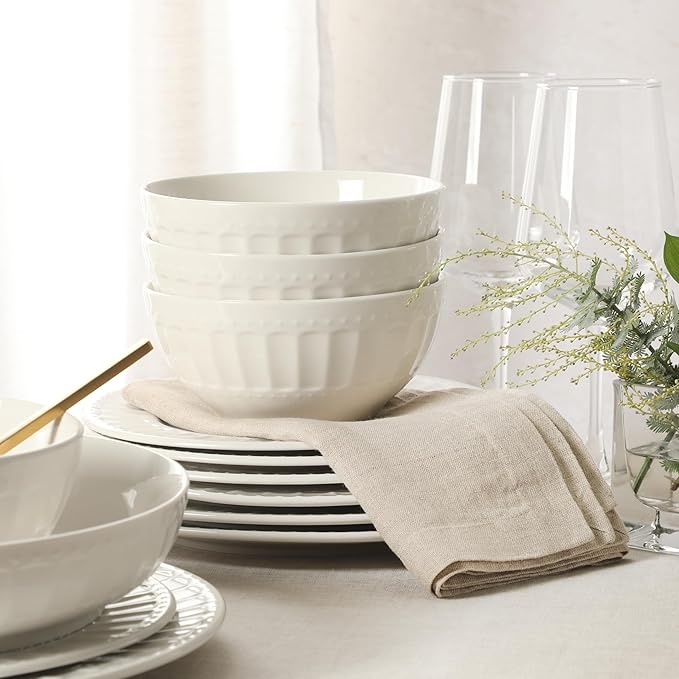 Gibson Home Melbourne White Plates and Bowls Set, 16 Piece Embossed Ceramic Dinnerware Set - Service for 4 Dishes - With Pasta Bowl