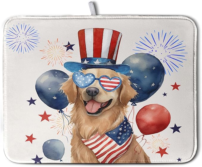4th of July Patriotic Dog Dish Drying Mat 18 x 24 Inch US Independence Day Blue White Red Kitchen Drying Mat Firework Holiday Dish Drainer Mats Super Absorbent Dish Rack Pad for Kitchen Counter