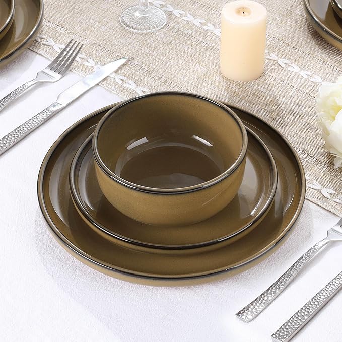 E-far Stoneware Dinnerware Sets for 4, 12 Pieces Reactive Glaze Plates and Bowls Sets, Elegant Dishes with Rustic Terracotta Base, Dishwasher & Microwave Safe, Scratch Resistant, Deep Camel