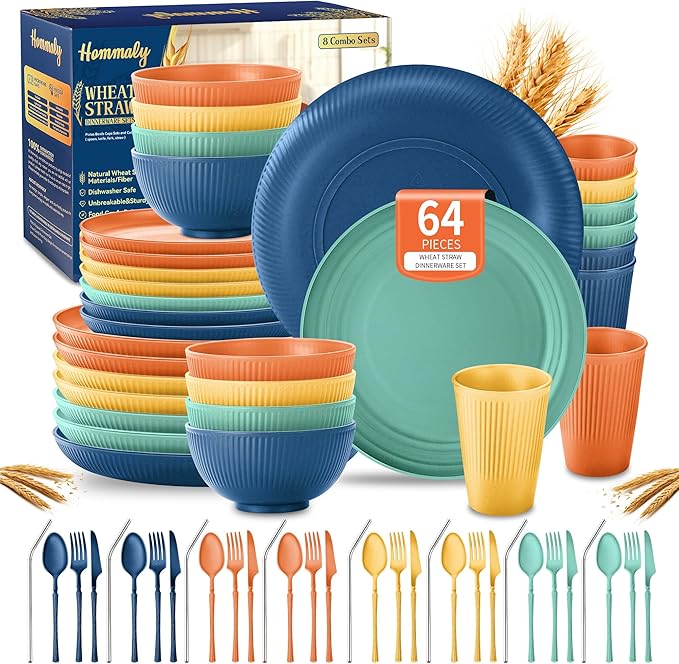 Wheat Straw Dinnerware Sets,64-Piece Plates and Bowls Sets for 8-Unbreakable,Reusable Plastic Dish Set-Dinner Plate/Dessert Plate/Cereal Bowl/Cup/Utensils-Dishwasher Safe 64P-JadePeak Lake Sunset