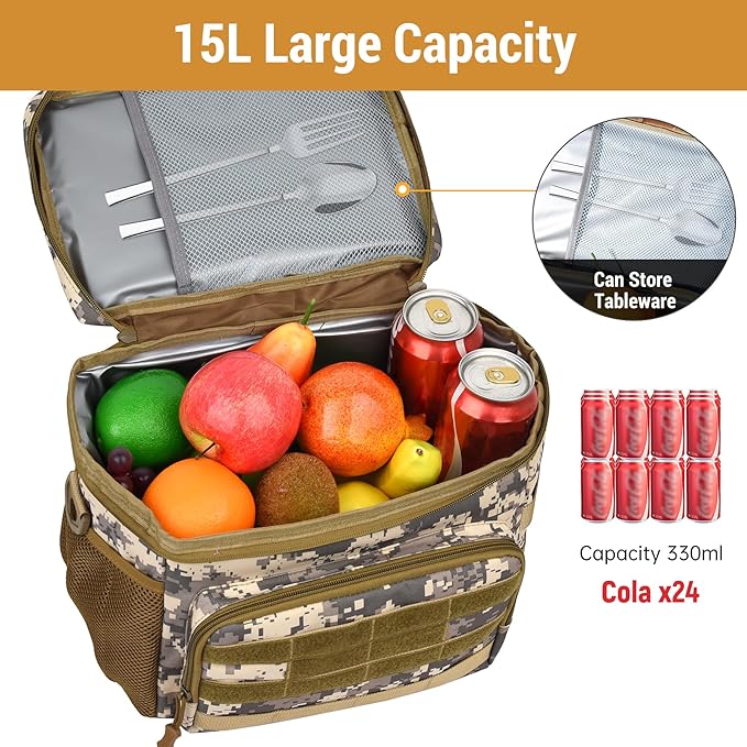 Tactical Lunch Box for Men, Insulated Lunchbox Waterproof Leakproof Cooler Lunch Bag for Work Outdoor Picnic, 24 Cans/15 L, Desert