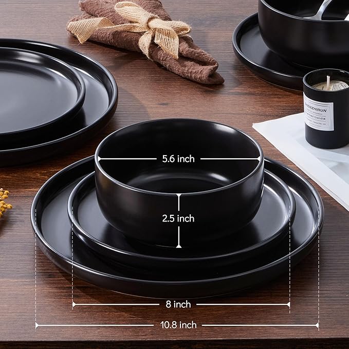 E-far Stoneware Dinnerware Sets for 4, 12-Piece Plates and Bowls Set, Modern Ceramic Dishes Dinning Ware, Microwave & Dishwasher Safe - Matte Black