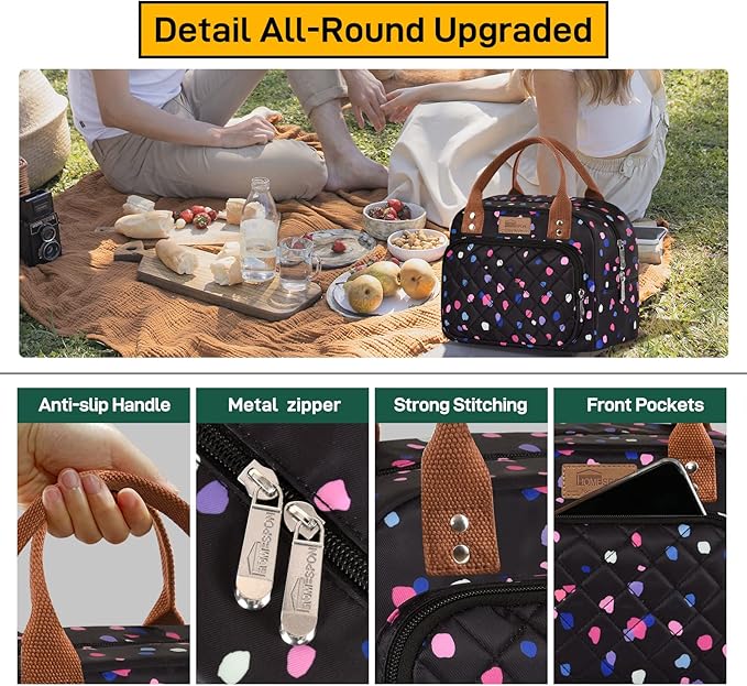 Buringer HOMESPON Lunch Bag for Woman Man Adults with Front Pocket Insulated Lunch Tote Lunch Box Container for Work Picnic or Travel（Multi Dots）