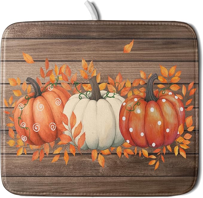 Autumn Pumpkin Dish Drying Mat Rustic Wood Dish Drainer Mats Fast Dry Microfiber Reversible Dish Drying Pad Kitchen Decoration 16x18 inch