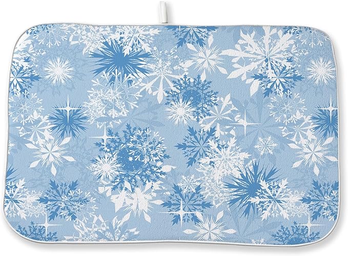 Christmas Dish Drying Mats 18x24 Inch White Blue Snowflake Drying Mats Xmas Winter Holiday Kitchen Decor Absorbent Drying Dish Pad Rack Drainer Mats for Kitchen Dining Room Counter