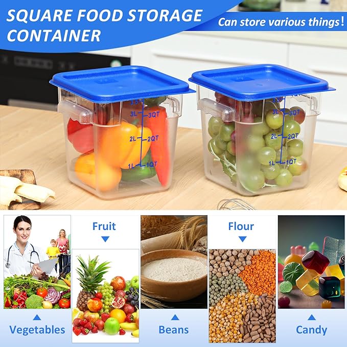 Yungyan 12 Pcs 6 Qt Commercial Food Storage Containers with blue Lids Restaurant Square Airtight Food Storage Containers Clear Cereal Container for Kitchen Freezer Dishwasher Pantry