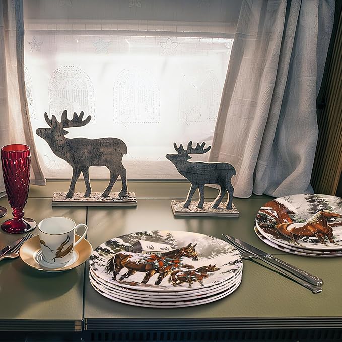 6 Pcs Christmas Reusable Melamine Dinner Plates 8 Inch Christmas Theme Round Plates Xmas Dishes Dinnerware Set for Salad Pasta Xmas Birthday Party Supplies Gifts (Horse)