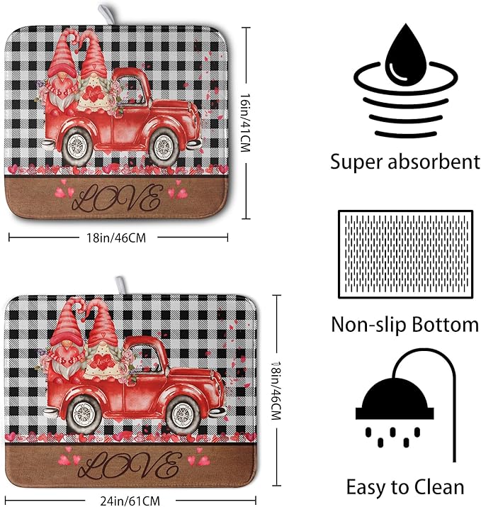 Valentine's Day Dish Drying Mats for Kitchen Counter, Buffalo Plaid Truck Kitchen Drying Mat, Love Heart Gnome Absorbent Dishes Pad 18 x 24 Inch - Farmhouse Decor Valentines Gift