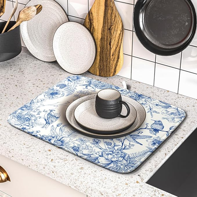 Chinoiserie Dish Drying Mat 16x18 Inches, Blue White Birds Floral Flowers Super Absorbent Microfiber Dish Rack Pad Mat for Kitchen Counter Coffee Bar