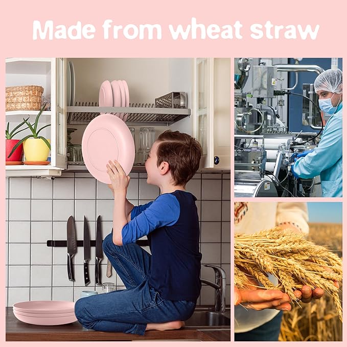 Teivio 32-Piece Kitchen Plastic Wheat Straw Dinnerware Set, Service for 8, Dinner Plates, Dessert Plate, Cereal Bowls, Cups, Unbreakable Colorful Plastic Outdoor Camping Dishes, Pink