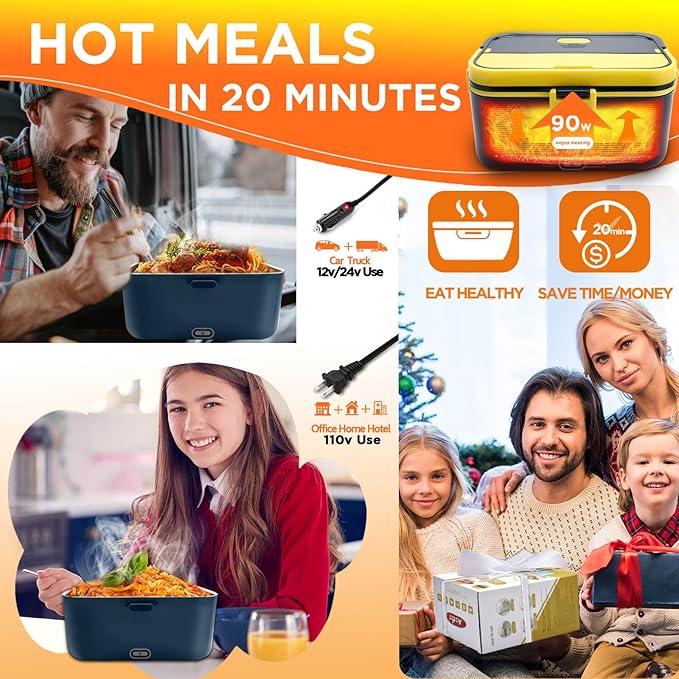 Aotto Electric Lunch Box 2L, 90W Fast Heating (12V/24V/110V) Heated Portable Food Warmer for Car/Truck/Office – Stainless Steel Container, Insulated Carry Bag – Ideal for Adults, Men, Women, Blue