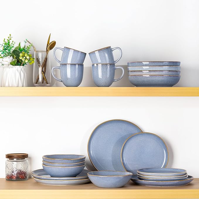 AmorArc Ceramic Dinnerware Sets,Handmade Reactive Glaze Stoneware Plates and Bowls Set,Highly Chip and Crack Resistant | Dishwasher & Microwave Safe Dishes Set,Service for 8 (24pc)-Reactive Blue