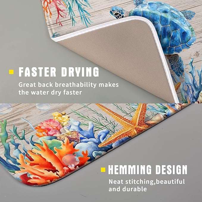 Sea Turtle Dish Drying Mat 16x18 inch Tropical Ocean Fast Dry Absorbent Microfiber Dishes Drainer Rack Pad for Countertop Bar Table Decor