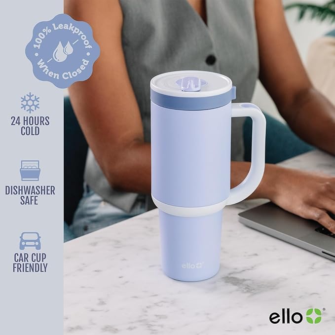 Ello Oasis 30 oz Tumbler with Handle & Retracting Straw | Reusable Insulated Stainless Steel Cup 100% Leakproof, Gifts for Teens Women Men | Keeps cold for 24 Hours, Cup Holder Friendly, Twilight