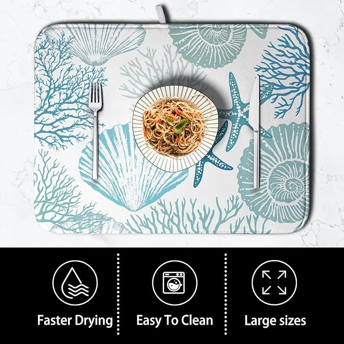 Summer Teal Dish Drying Mat for Kitchen Counter Nautical Coastal Blue Dishes Drainer Mats Turquoise Beach Coral Seashell Starfish Ocean Absorbent Microfiber Dish Draining Pad 18x24 Inch