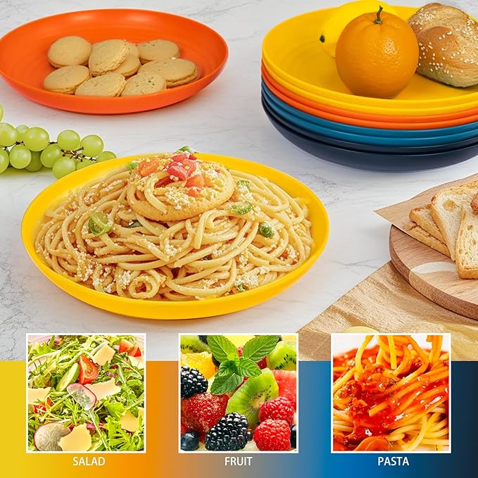 Supernal Wheat Straw Dinner Plates Reusable &Durable Plastic Plates Plastic Dinnerware 16-Pack (4 Orange, 4 Yellow, 4 Blue, 4 Dark Blue), Perfect for Dinner,Party,Outdoor Use