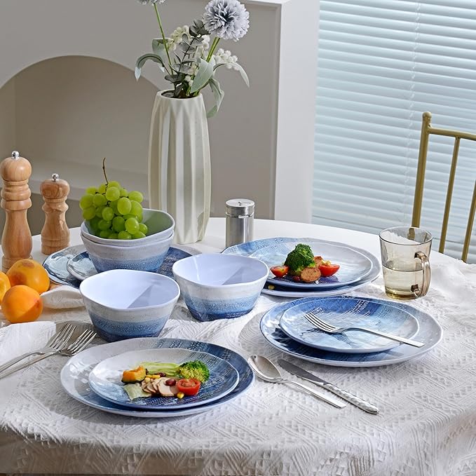 12 Piece Melamine Dishes Set for 4, Unbreakable Plates and Bowls Sets for Camping, Lightweight dinnerware set, Kind to kids, Dishwasher Safe, Ideal for RV, Sky Blue and White Retro